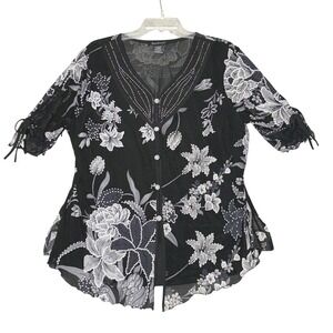 Appointments Top Womens 2XL Black Floral Rhinestone V Neck Short Sleeve Tunic